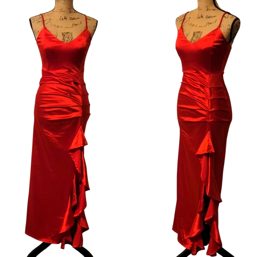 Liz & Sara Satin Ruched Ruffle Spaghetti Strap Bodycon Slip Dress